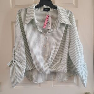 Cider Women's Light Green Stripe Button-Front Blouse